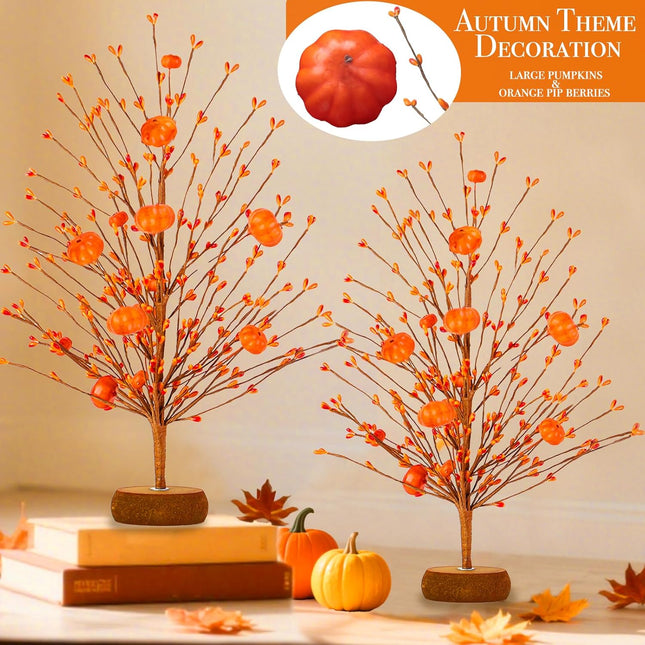 2-Pack 15" Orange Artificial Fall Trees with Pumpkins & Berries – Thanksgiving Décor