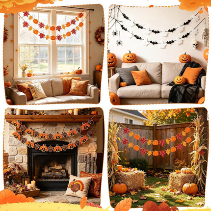 6-Piece Fall Thanksgiving & Halloween Felt Garland, Pumpkin Leaves Turkey Ghost Decor