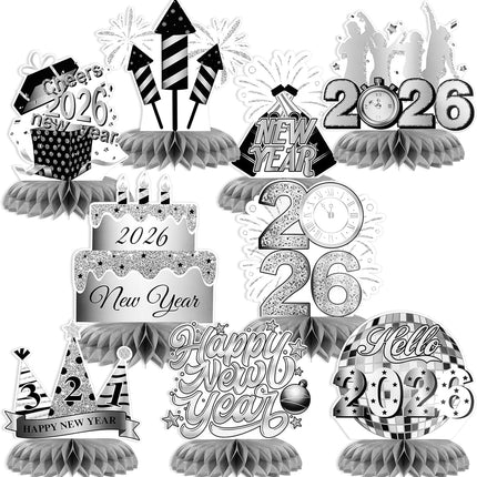 9-Piece NYE Honeycomb Centerpieces – Silver Firework Table Decorations
