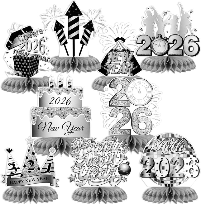 9-Piece NYE Honeycomb Centerpieces – Silver Firework Table Decorations
