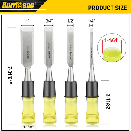 4-Piece Wood Chisel Set – CR-V Steel Blades with Safety Caps & PVC Handles