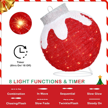 80 LED Pop-Up Christmas Ball Lighted Outdoor Ornament with 8 Modes, Red