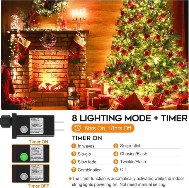 Christmas Tree String Lights – 66FT 200 LED, Connectable, Timer, 8 Light Modes