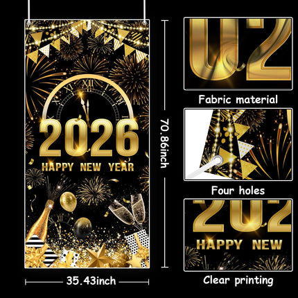 Happy New Year 2026 Door Banner Black Gold Fireworks Party Decoration