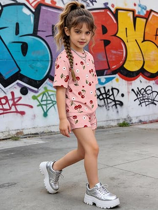 Girls Summer 2 Piece Outfit Set Short Sleeve T-Shirt & Shorts Clothes for Kids 4-13 Years