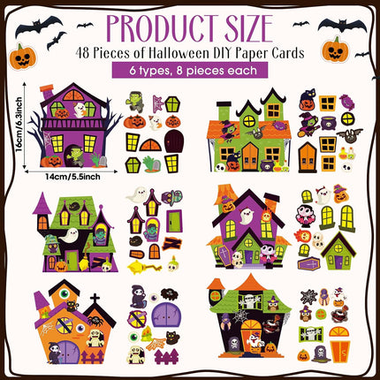 48-Pack Halloween Haunted House Craft Kits, DIY Sticker Activity, 6 Designs