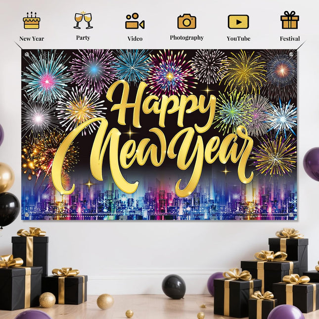 Happy New Year 2026 Banner – Fireworks Party Photo Booth Background