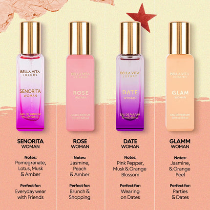 BellaVita Luxury Mini Perfume Set for Women 4 x 20ml Eau de Parfum Gift Collection