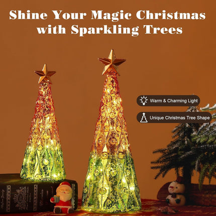 2PCS Glass Christmas Trees – Mercury Tabletop Trees with Lights & Battery