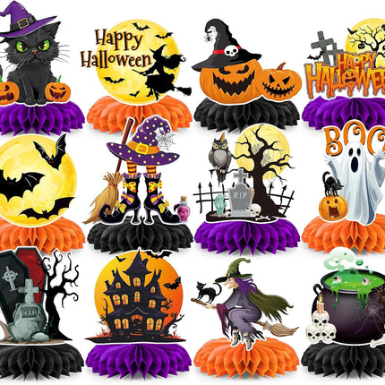12-Piece Halloween Honeycomb Centerpieces, Witches, Pumpkins & Ghost Table Decor