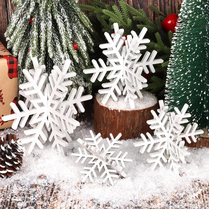8PCS Wooden Snowflake Decorations – 3D White Glitter Tabletop Xmas Centerpieces