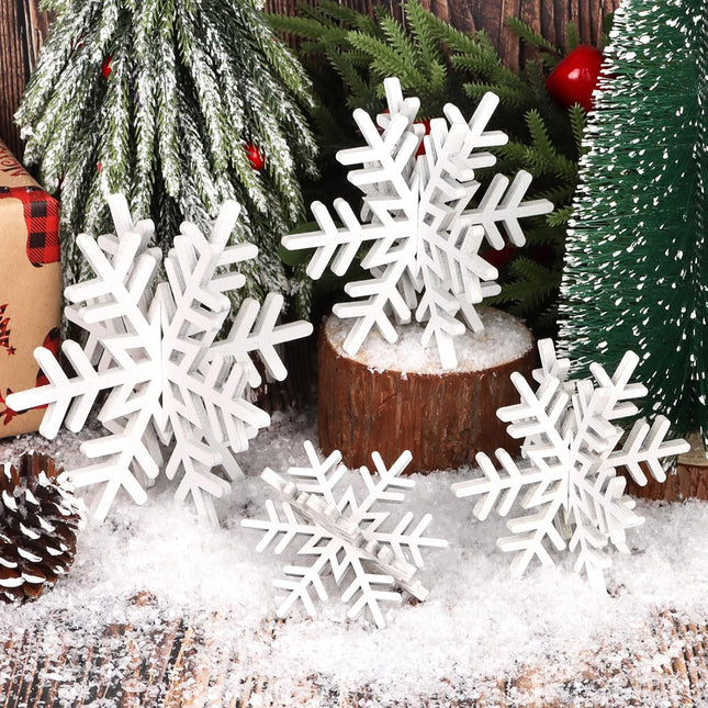 8PCS Wooden Snowflake Decorations – 3D White Glitter Tabletop Xmas Centerpieces