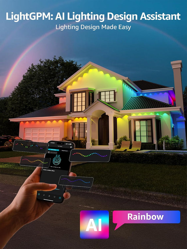 Smart AI Outdoor Lights 150ft, RGB+IC+White, App Control, WiFi/Bluetooth, No Remote