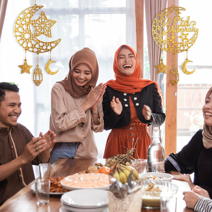 2PCS Eid Mubarak Wooden Door Signs Hollow Moon & Stars Ramadan Decor
