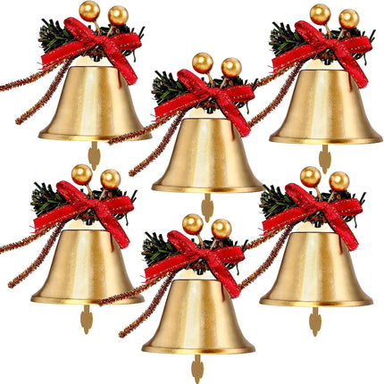 6PCS Gold Jingle Bells with Red Bow & Berry – Christmas Tree Hanging Ornaments