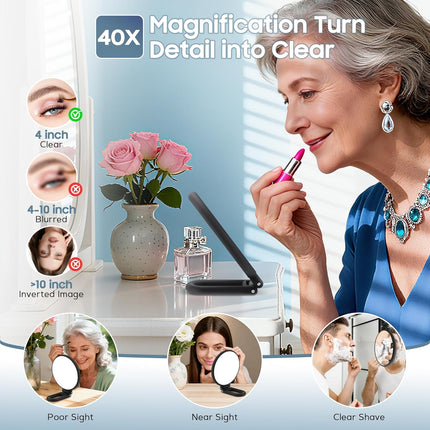 40X Magnifying Hand Mirror – Double-Sided, Foldable, Portable, Frosted Black