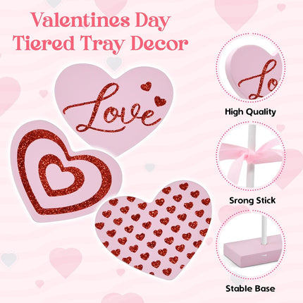 3 Pcs Valentine’s Day Tiered Tray Decor Set: Pink Wooden Heart Signs for Home