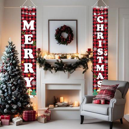 Christmas Welcome Banner Red & Black Buffalo Plaid Porch Door Sign