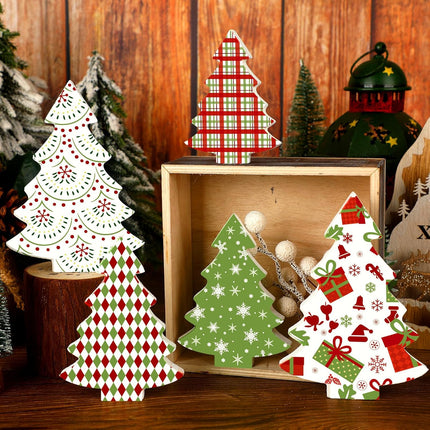 5PCS Wooden Christmas Tree Decor – Tiered Tray & Table Centerpieces Plaid Set
