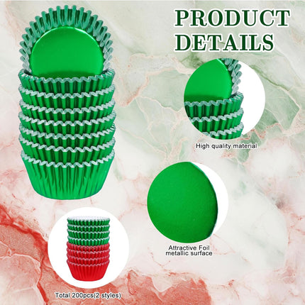 200PCS Christmas Foil Cupcake Liners – Red & Green Metallic Baking Cups