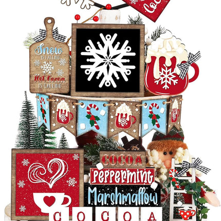 Christmas Wooden Sign Set – Tiered Tray Farmhouse Snowflake & Cocoa Table Decor