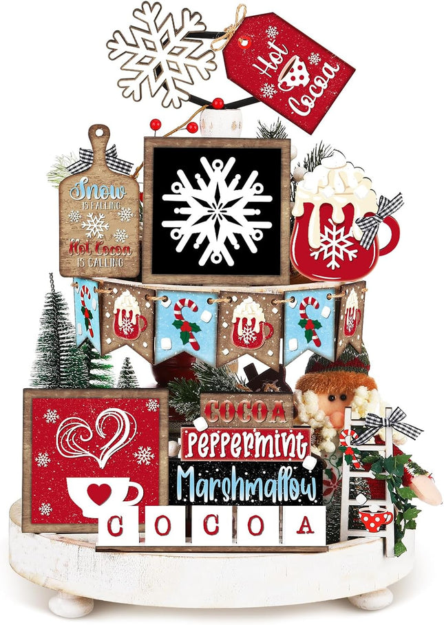 Christmas Wooden Sign Set – Tiered Tray Farmhouse Snowflake & Cocoa Table Decor