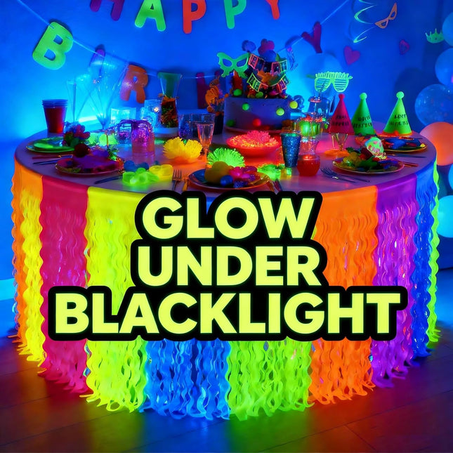 Glow in the Dark Party Table Skirts 2-Pack – Neon Foil Fringe Decorations