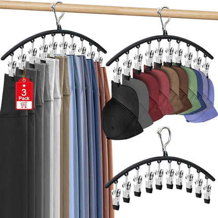 3 Pack Closet Hat Organizer Metal Cap Storage Rack with 30 Clips Black