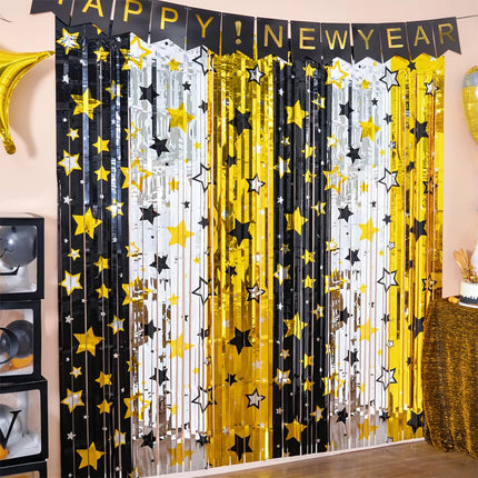 2-Piece New Year Party Backdrop – 3.3×6.6ft Foil Fringe Black, Gold, Silver