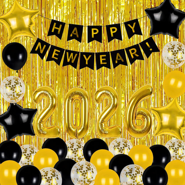 New Year 2026 Decorations Set – 32in Gold Balloons, Fringe Curtains & Banner