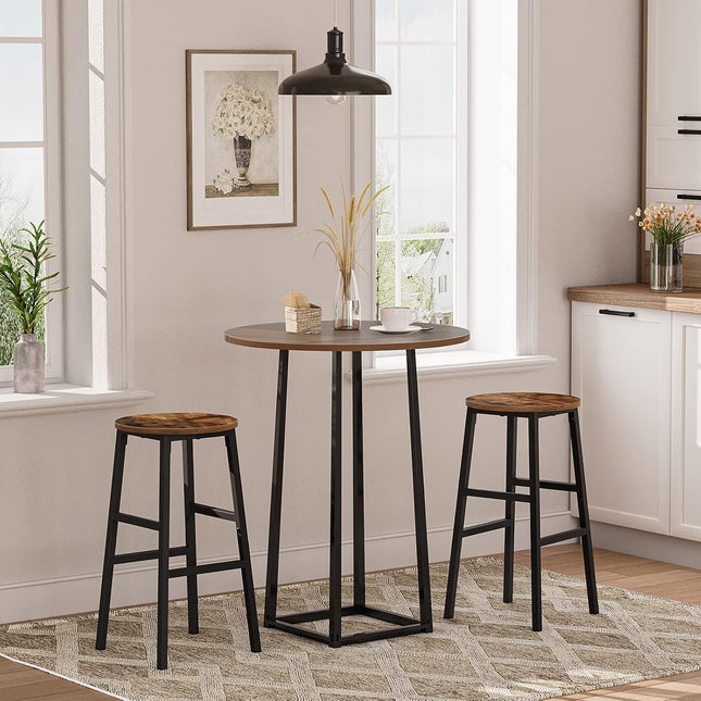 Set of 2 Rustic Brown Industrial Bar Stools with Round Seats and Footrests, 24.4 Inch