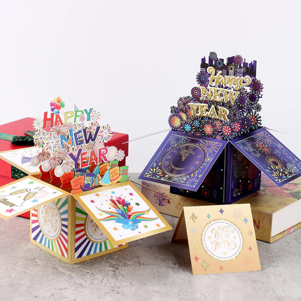 2-Piece 3D New Year Greeting Cards – Pop-Up Handmade Cards with Envelope