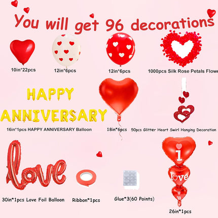 Happy Anniversary Decorations Set with Red Heart Balloons Banner Rose Petals