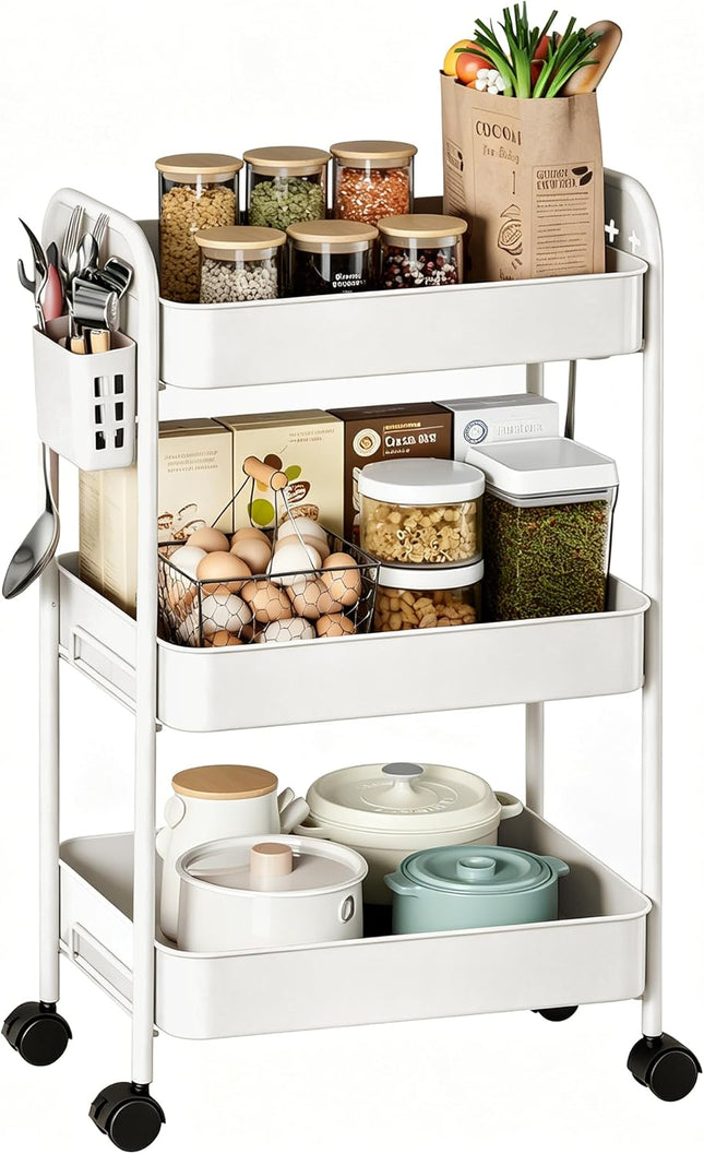 Heavy-Duty 3-Tier Metal Rolling Utility Cart with Casters, Hooks and Hanging Cups