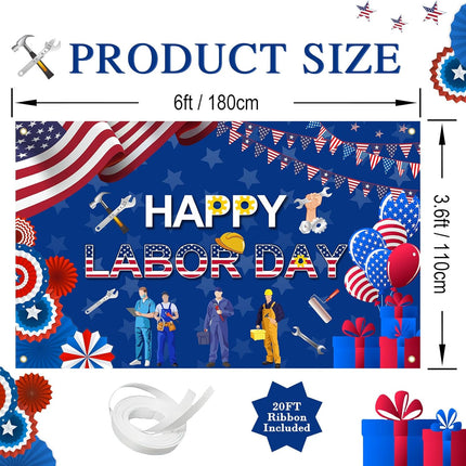 Labor Day Banner Remember Honor Workers American Flag Decoration 6x3.6ft