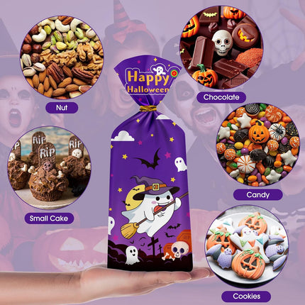 60-Piece Halloween Treat Bags, Cute Cellophane Candy Bags with Gold Twist Ties