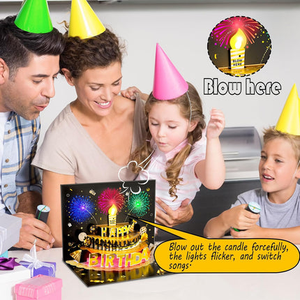 3D Pop-Up Birthday Card for Men, LED Lights, Music, Balloons & Blowable Candle