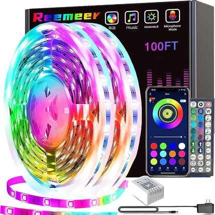 100FT Smart LED Strip Lights, RGB Color Changing, App & Remote Music Sync