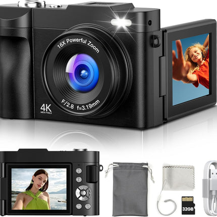 4K Digital Camera 50MP 16X Zoom Flip Screen Compact Camera for Teens