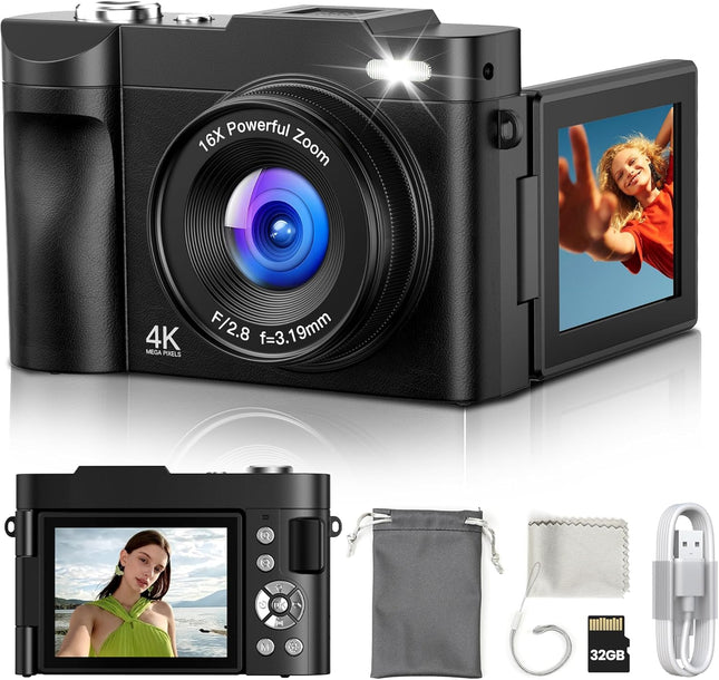 4K Digital Camera 50MP 16X Zoom Flip Screen Compact Camera for Teens