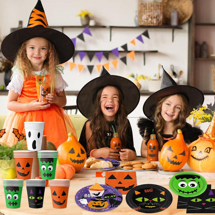106-Piece Halloween Party Supplies Set, Plates, Napkins, Cups, Banner & Tablecloth