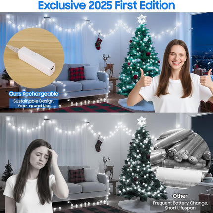 40 LED Snowflake Christmas String Lights, 20FT Battery-Powered & Rechargeable Fairy Lights