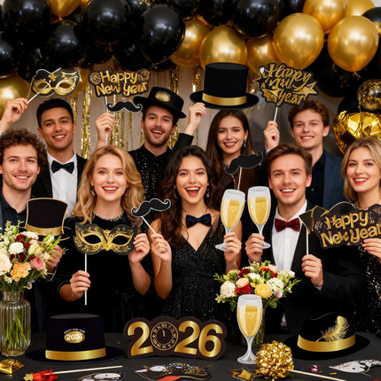 Black 2026 New Year Photo Booth Props – 25-Pc NYE Party Decorations