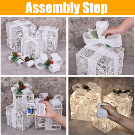 Warm White LED Lighted Gift Boxes Set of 3 Christmas Ornaments with Bows
