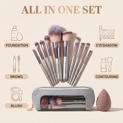14PC Makeup Brush Set Travel Kit Case Sponge Soft Synthetic Brushes
