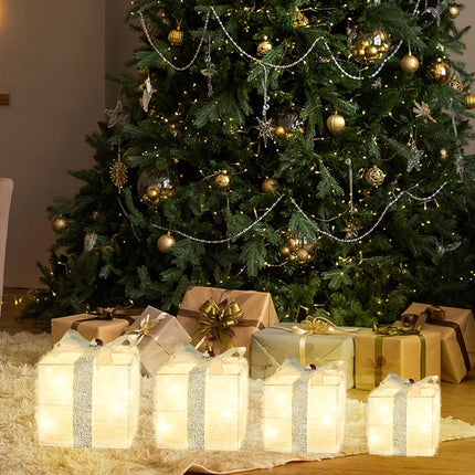 Christmas Lighted Gift Boxes – 4 Stackable Nesting Boxes, 2.8Ft, Battery Timer