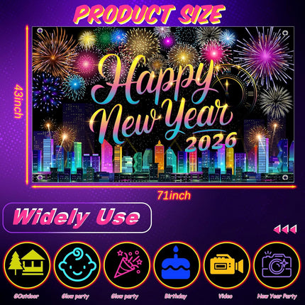 2026 Happy New Year Neon Banner Glowing NYE Party Decorations 71x43"