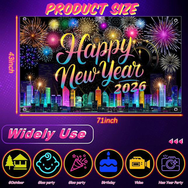 2026 Happy New Year Neon Banner Glowing NYE Party Decorations 71x43"