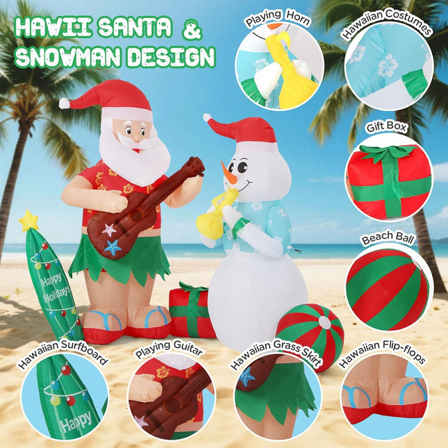 8.3FT Inflatable Christmas Decor – Hawaiian Santa & Snowman w/ LED Lights