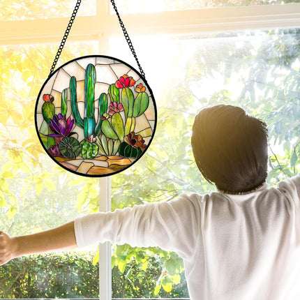 6.3" Cactus Stained Glass Suncatcher, Window Hanging Decor, Gift for Women, Mom & Grandma